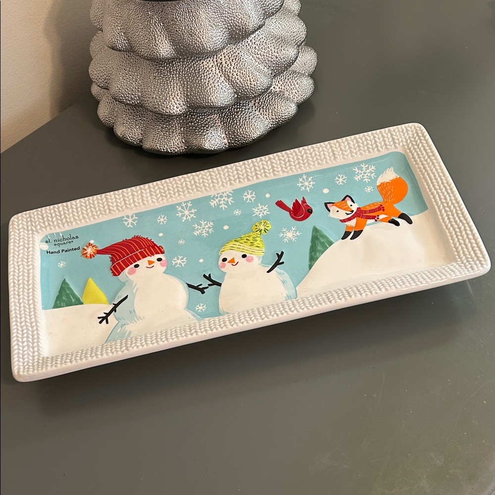 St. Nicholas Square White, Red, Green, Blue Holiday Snowman & Fox Serving Tray